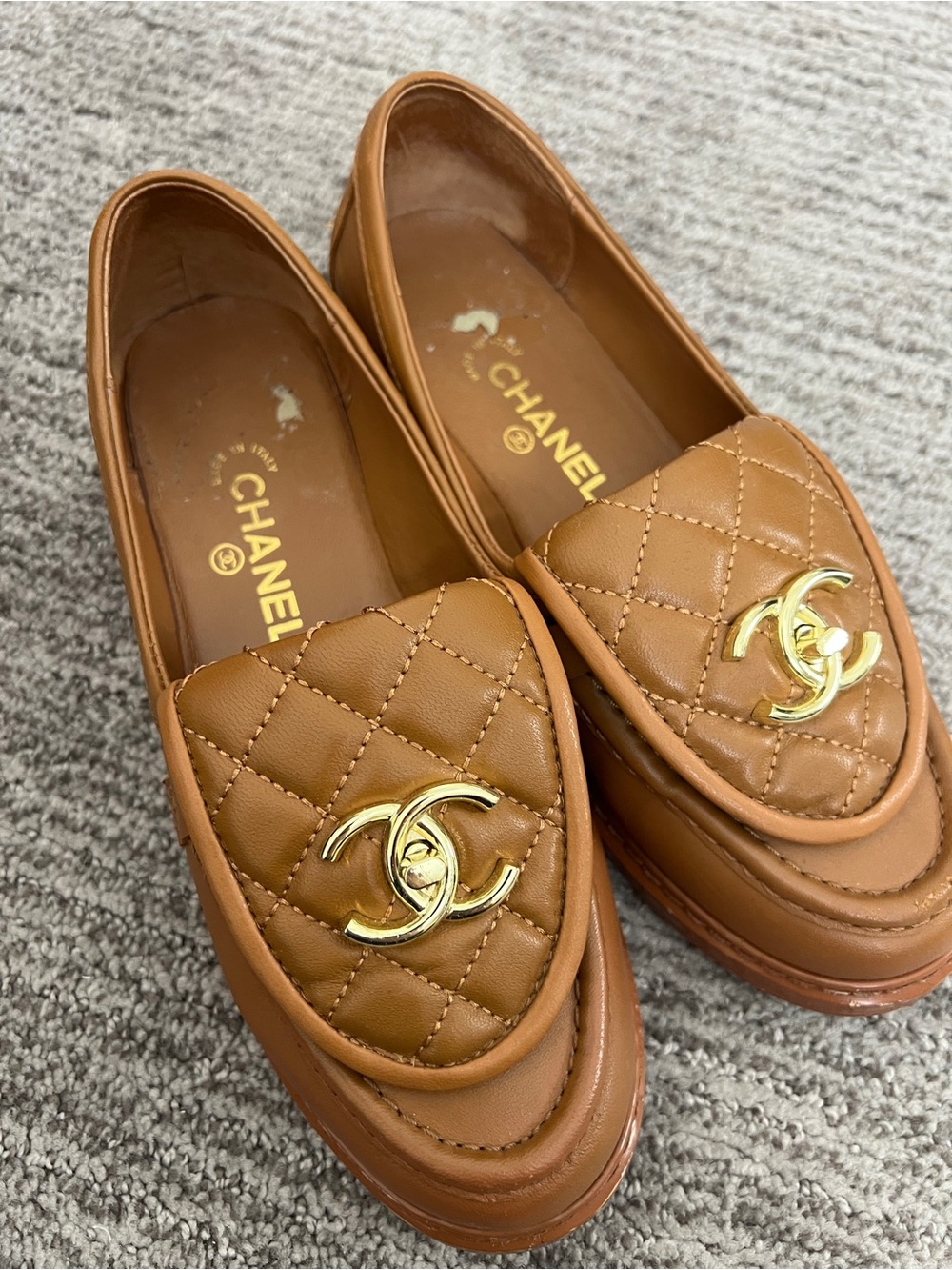 Tan Quilted Leather Loafers with Gold CC Hardware